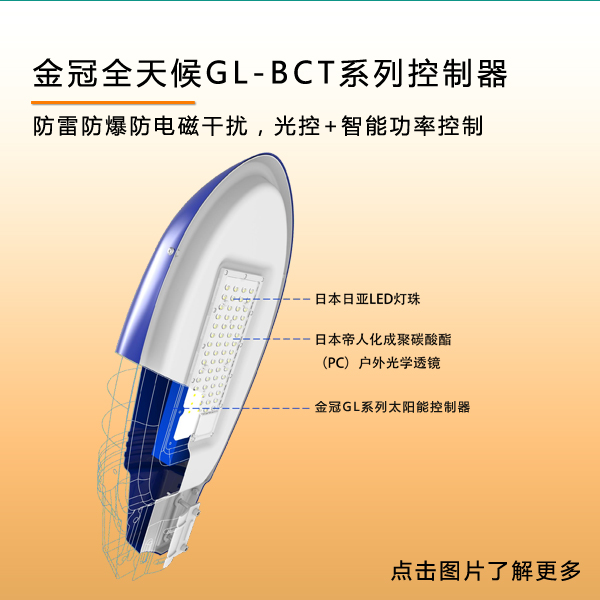 高防护等级，防水防雷防浪涌，光控+智能功率控制